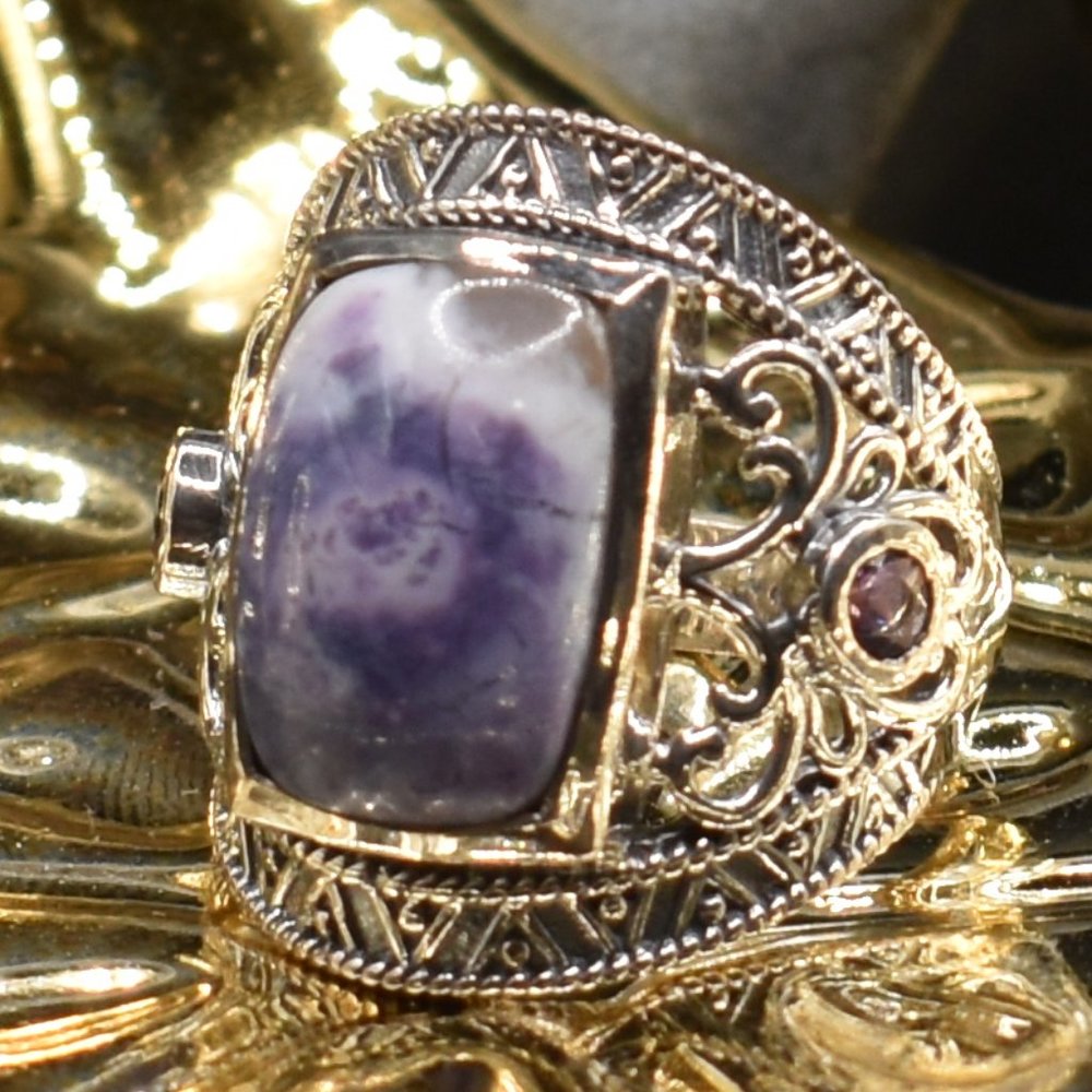 Sterling Silver Scroll Natural Tiffany Stone & Amethyst Ring
